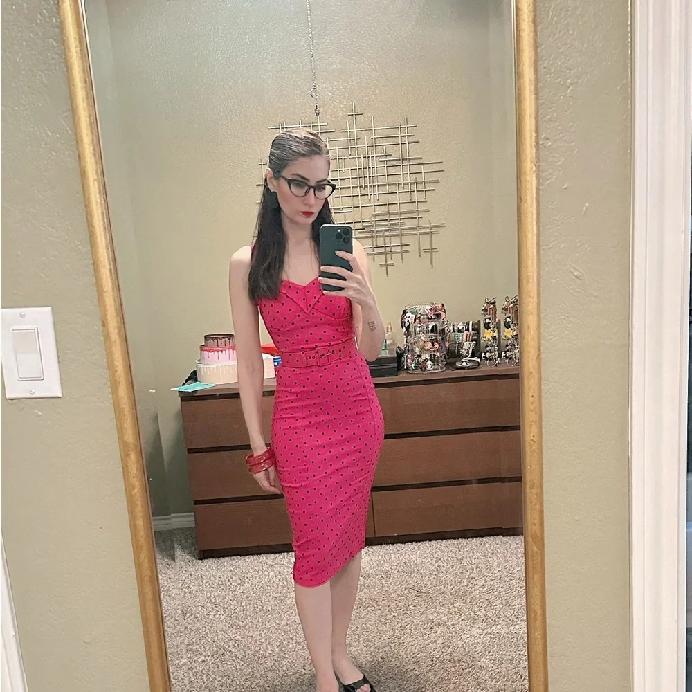 Vixen by Micheline Pitt Pink Polka Dot Wiggle Dress - Picture 5 of 5